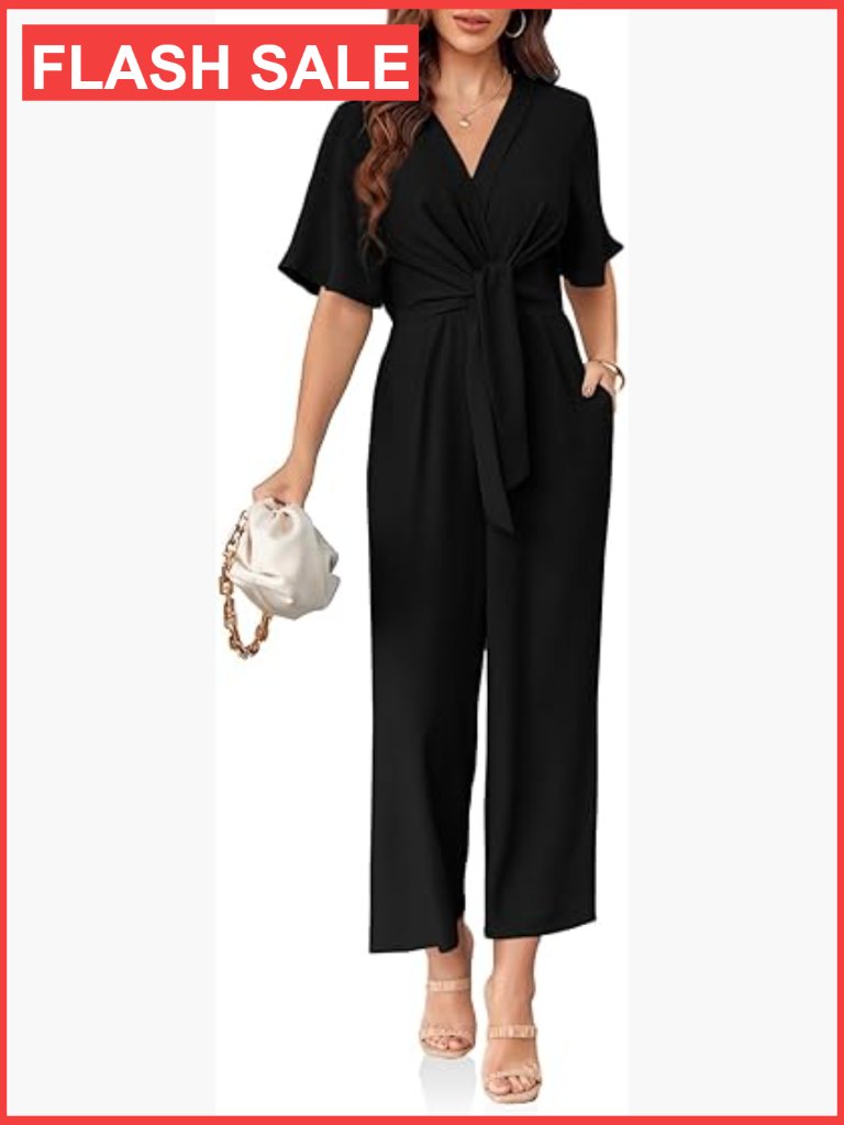 Elegant V Neck Jumpsuit Short Sleeve Wide Leg Long Pants Romper Casual Dressy